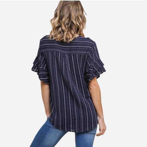 Umgee Striped Surplice Tie Front Flutter Sleeve Blouse - Picture 3 of 9